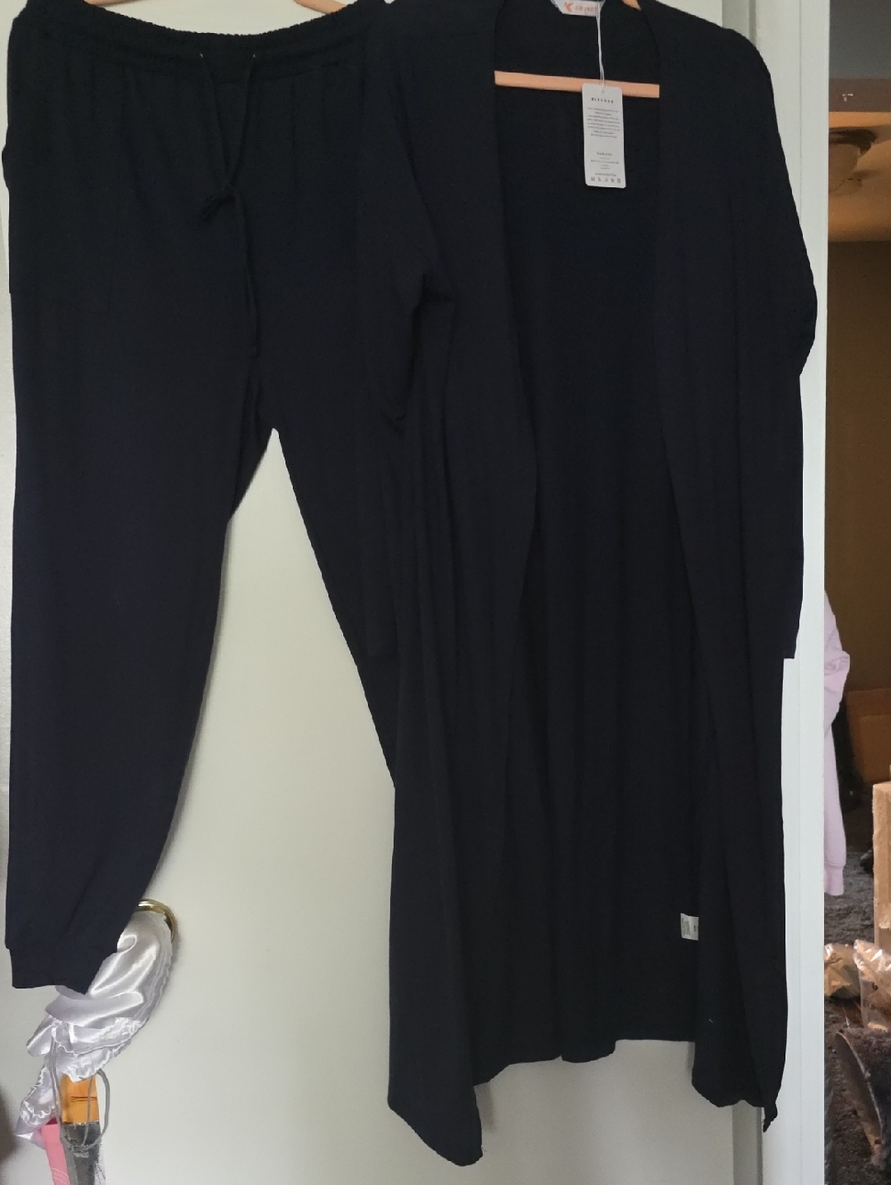 NAVY Blue Women's Pantsuit Set Lightweight Open Long Cardigan & Drawstring Pants
